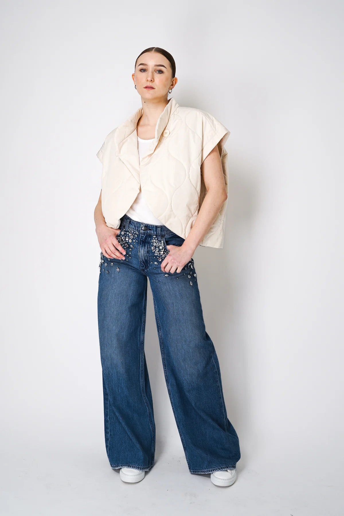 Midnight Glam - Rhinestone Embellished Wide Leg Jeans