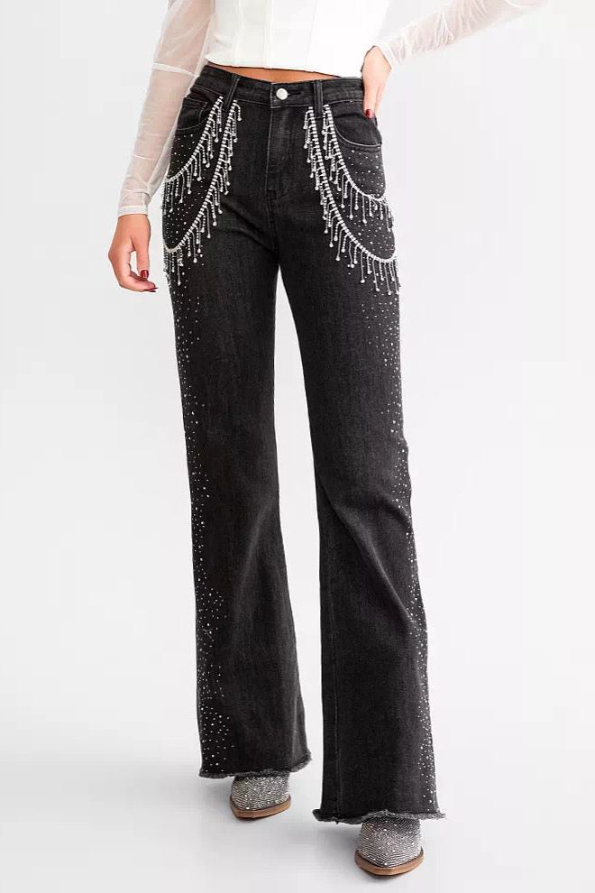 Habibi - High Rise Rhinestone Embellished Wide Leg Flared Jeans - Black