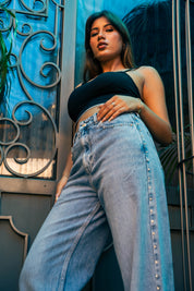 Samantha - Rhinestone Embellished Wide Leg Jeans - Ice Blue