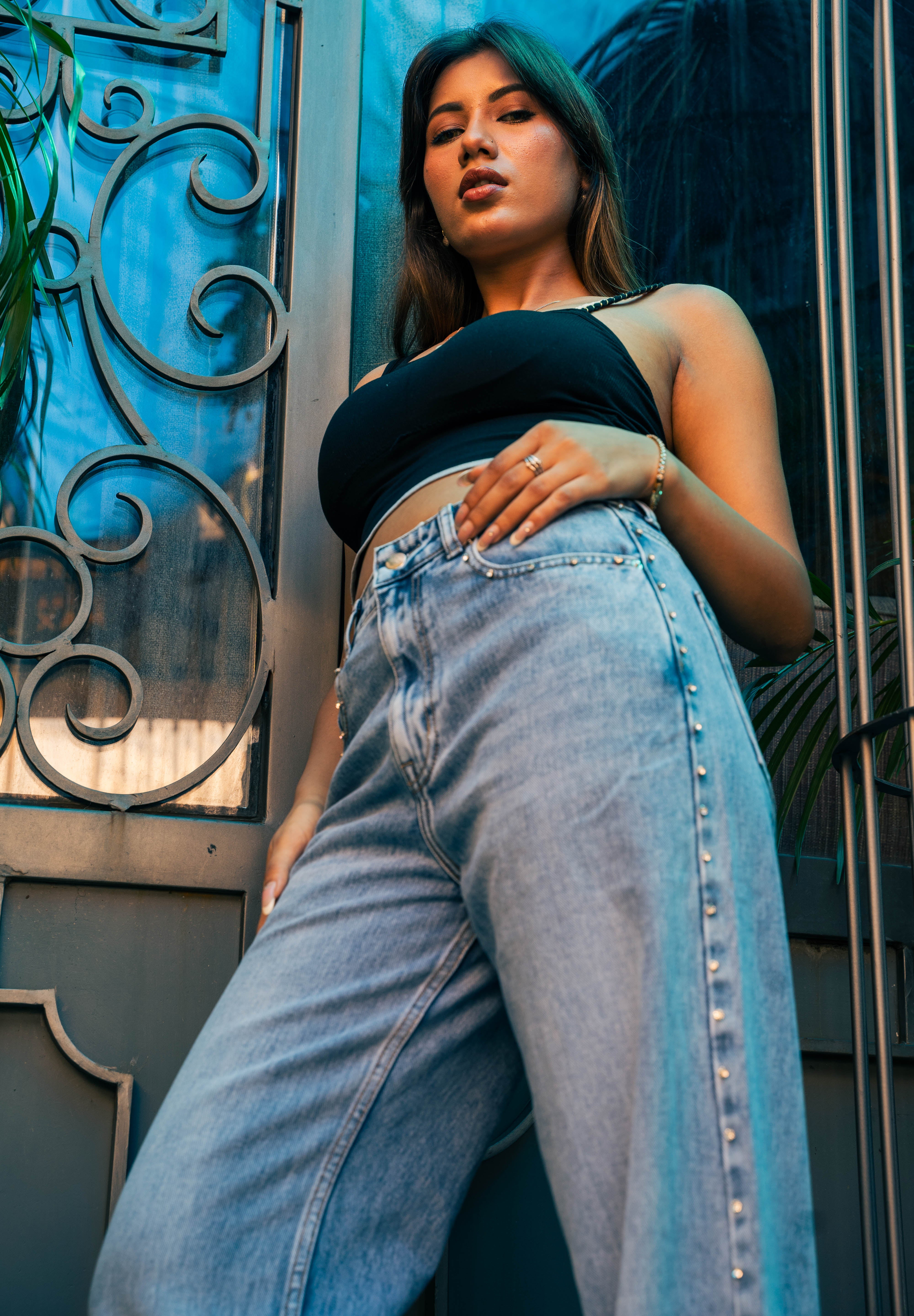 Samantha - Rhinestone Embellished Wide Leg Jeans - Ice Blue