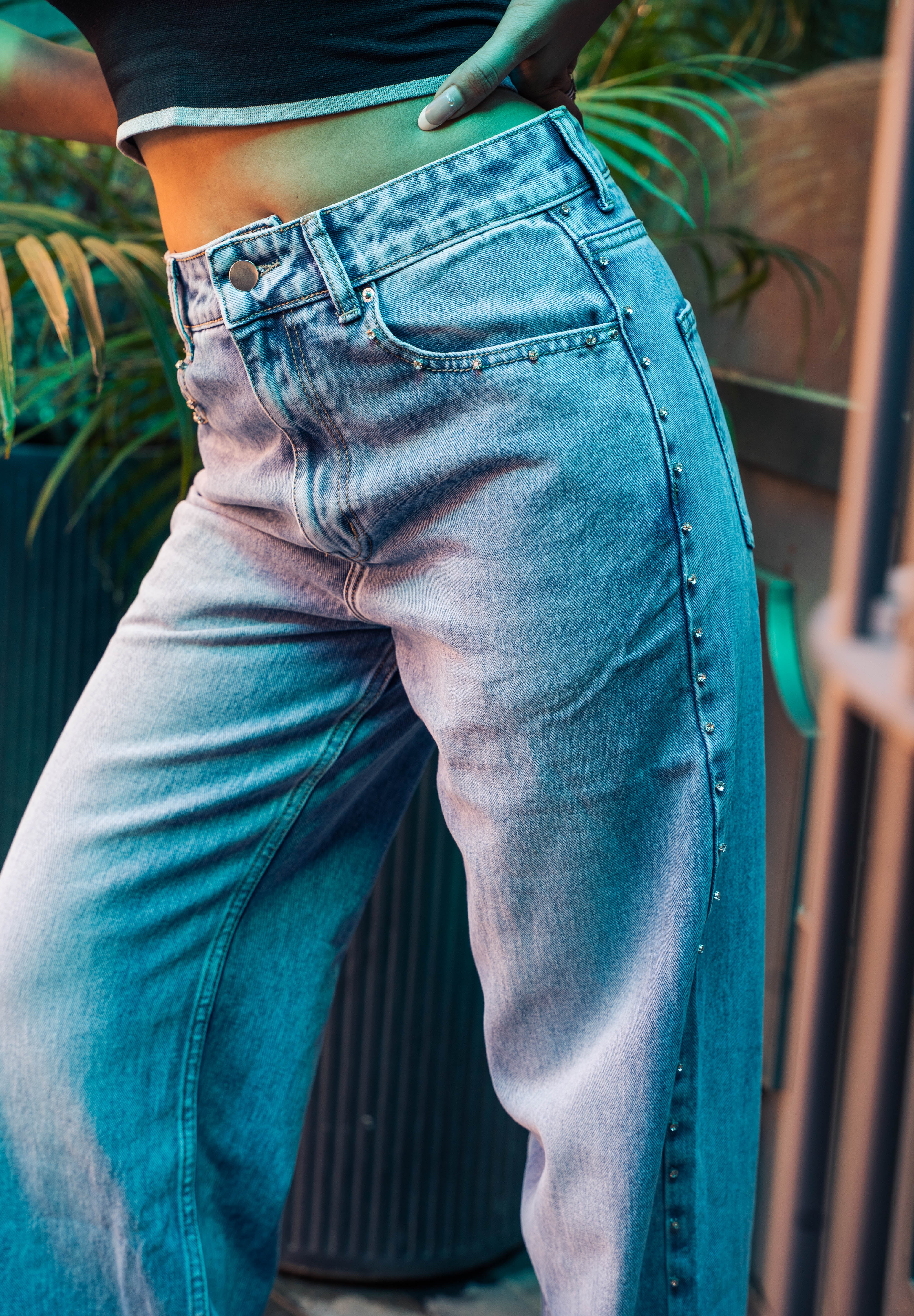 Samantha - Rhinestone Embellished Wide Leg Jeans - Ice Blue