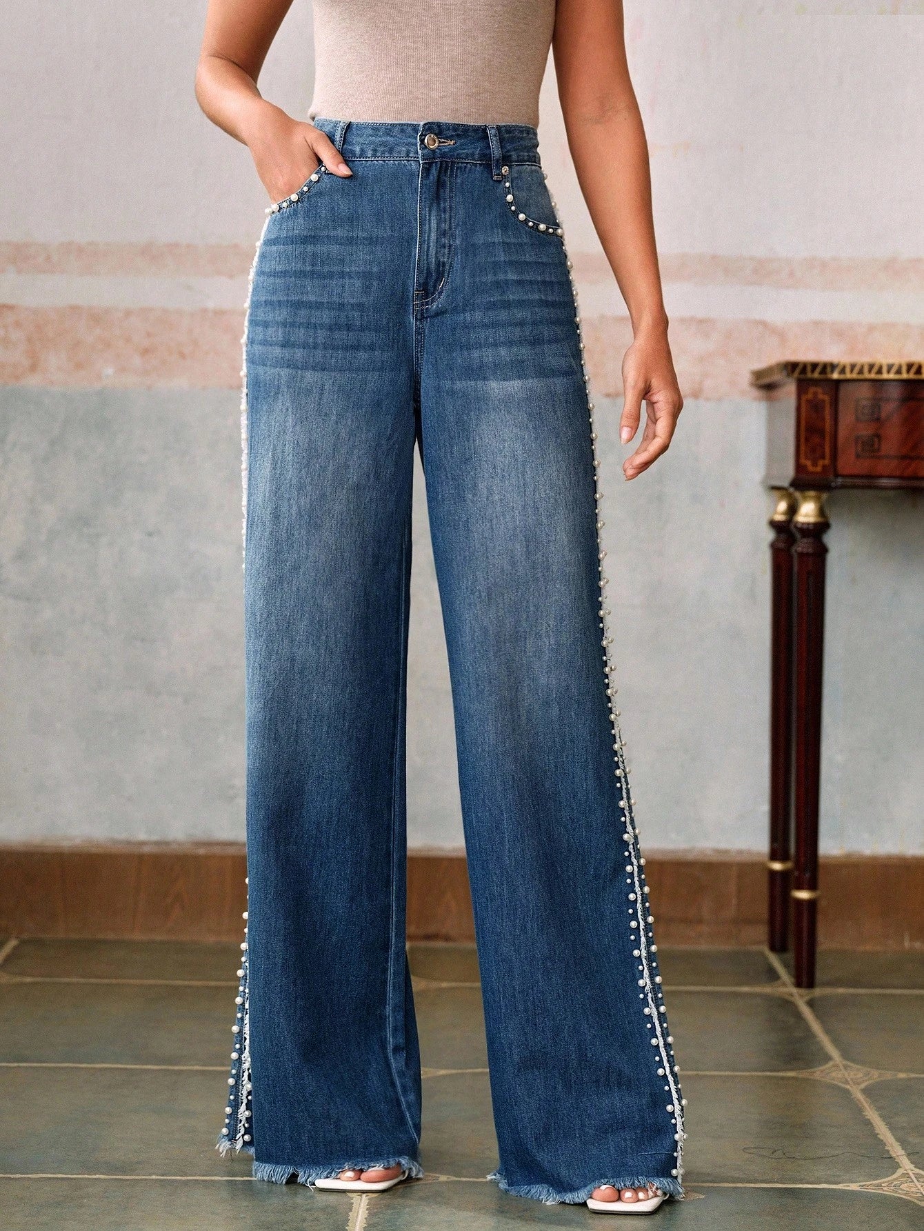 Pearl Affair - Pearl Embellished Wide Leg Jeans - Stone blue