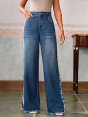 Pearl Affair - Pearl Embellished Wide Leg Jeans - Stone blue