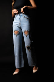 Cupid’s Charm - Rhinestone Embellished Cut Out Jeans - IceBlue