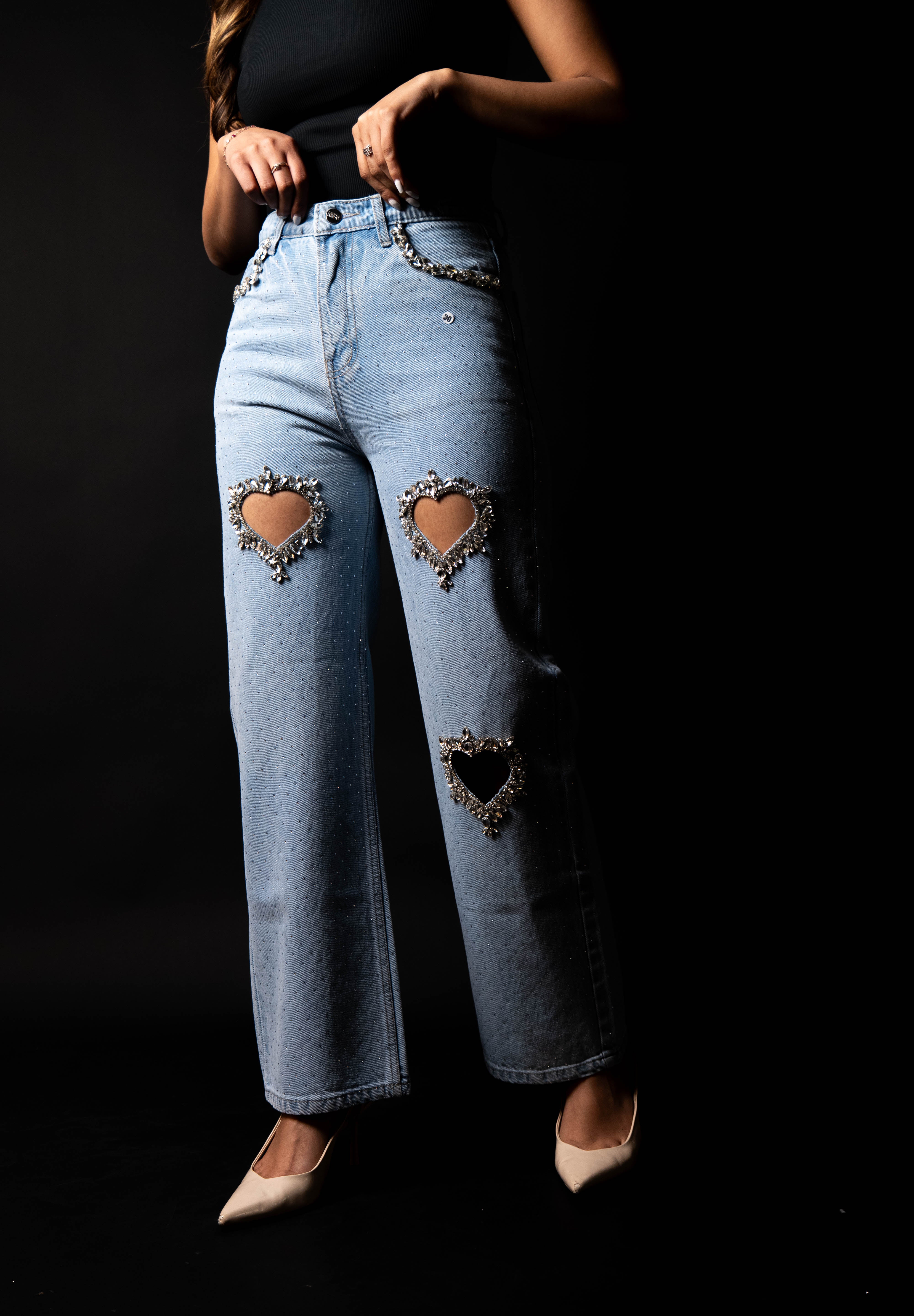 Cupid’s Charm - Rhinestone Embellished Cut Out Jeans - IceBlue