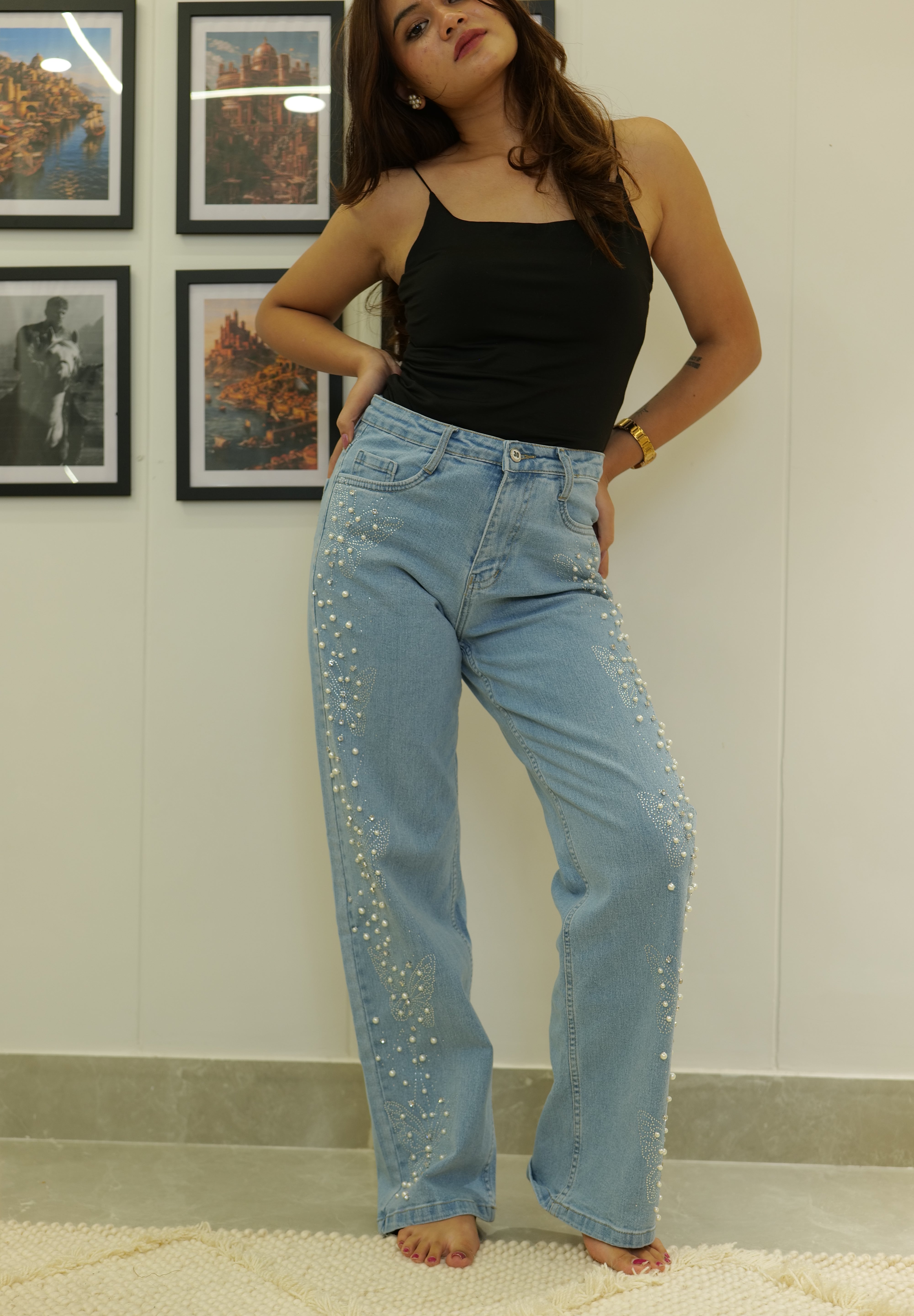 Ira - Rhinestone Embellished Jeans - Ice Blue