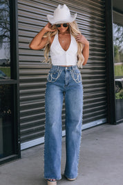 Lidia - Rhinestone Embellished Wide Leg Jeans - Ice Blue