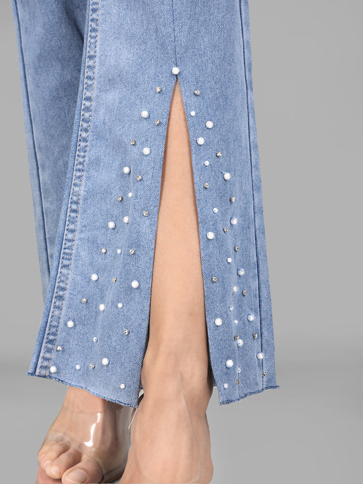 High Rise Embellished Boot Cut Flared Jeans - Iris Pearl