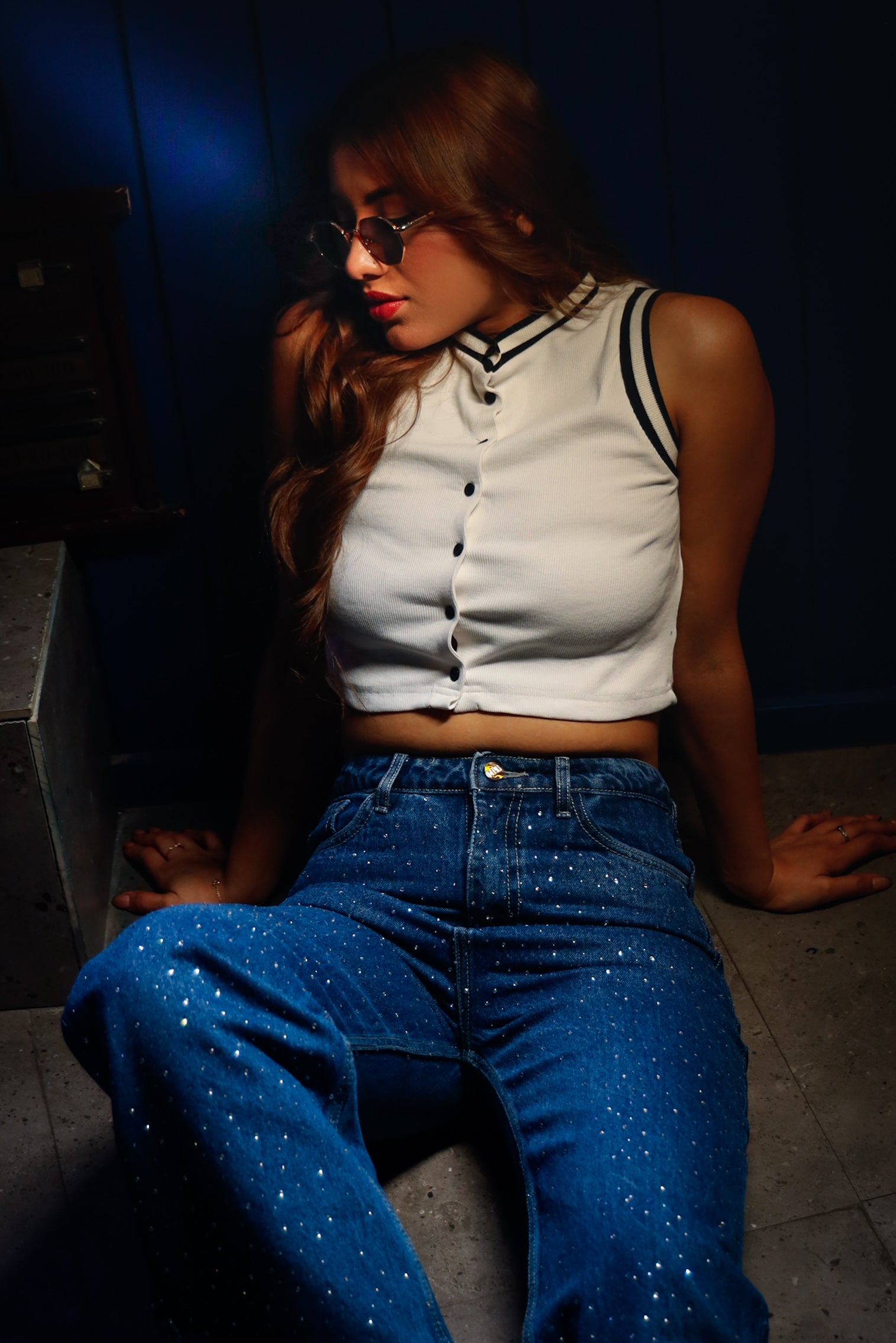 Midnight Blue Diamante Denim High Rise Wide Leg Jeans