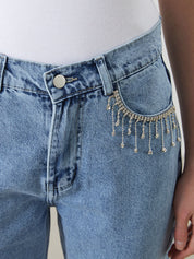 Frost Drop - Rhinestone Embellished Wide Leg Jeans - Ice Blue