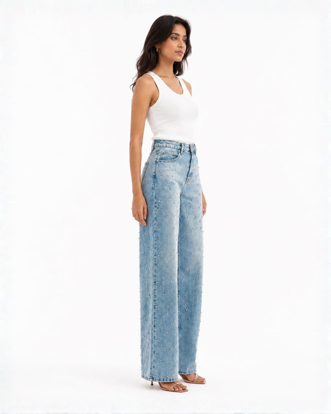 Lumière Rhinestone Embellished Wide Leg Jeans - Ice Blue