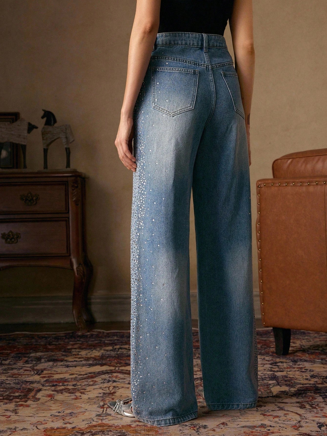 Mira - Rhinestone Embellished Wide Leg Jeans - Ice Blue