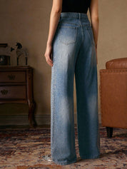 Mira - Rhinestone Embellished Wide Leg Jeans - Ice Blue