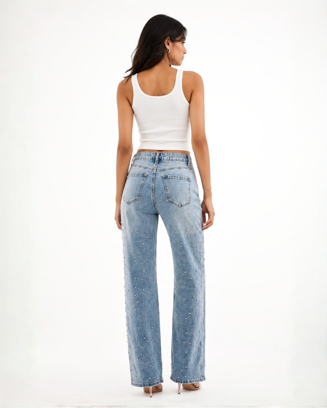 Lumière Rhinestone Embellished Wide Leg Jeans - Ice Blue