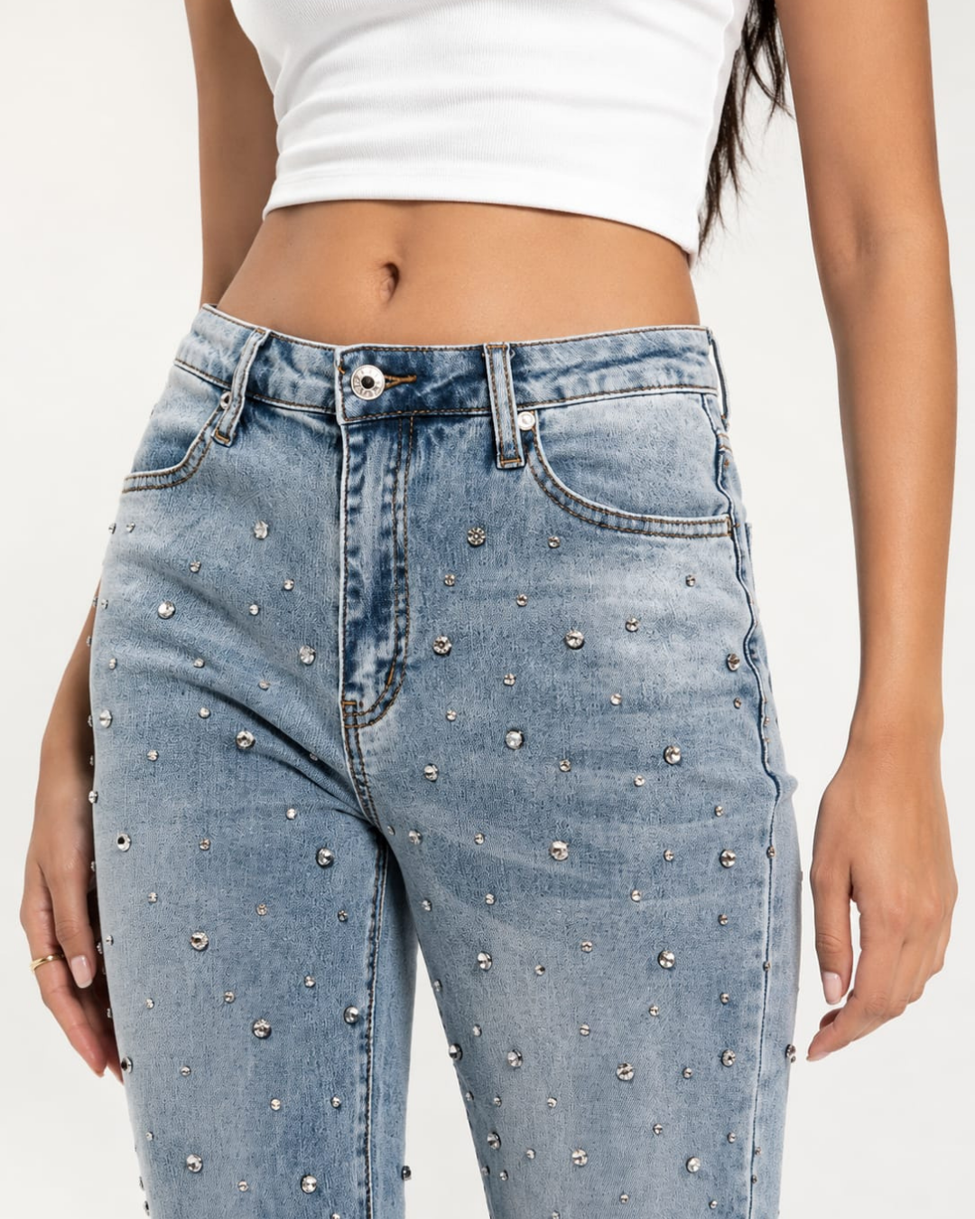 Lumière Rhinestone Embellished Wide Leg Jeans - Ice Blue