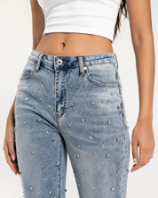 Lumière Rhinestone Embellished Wide Leg Jeans - Ice Blue