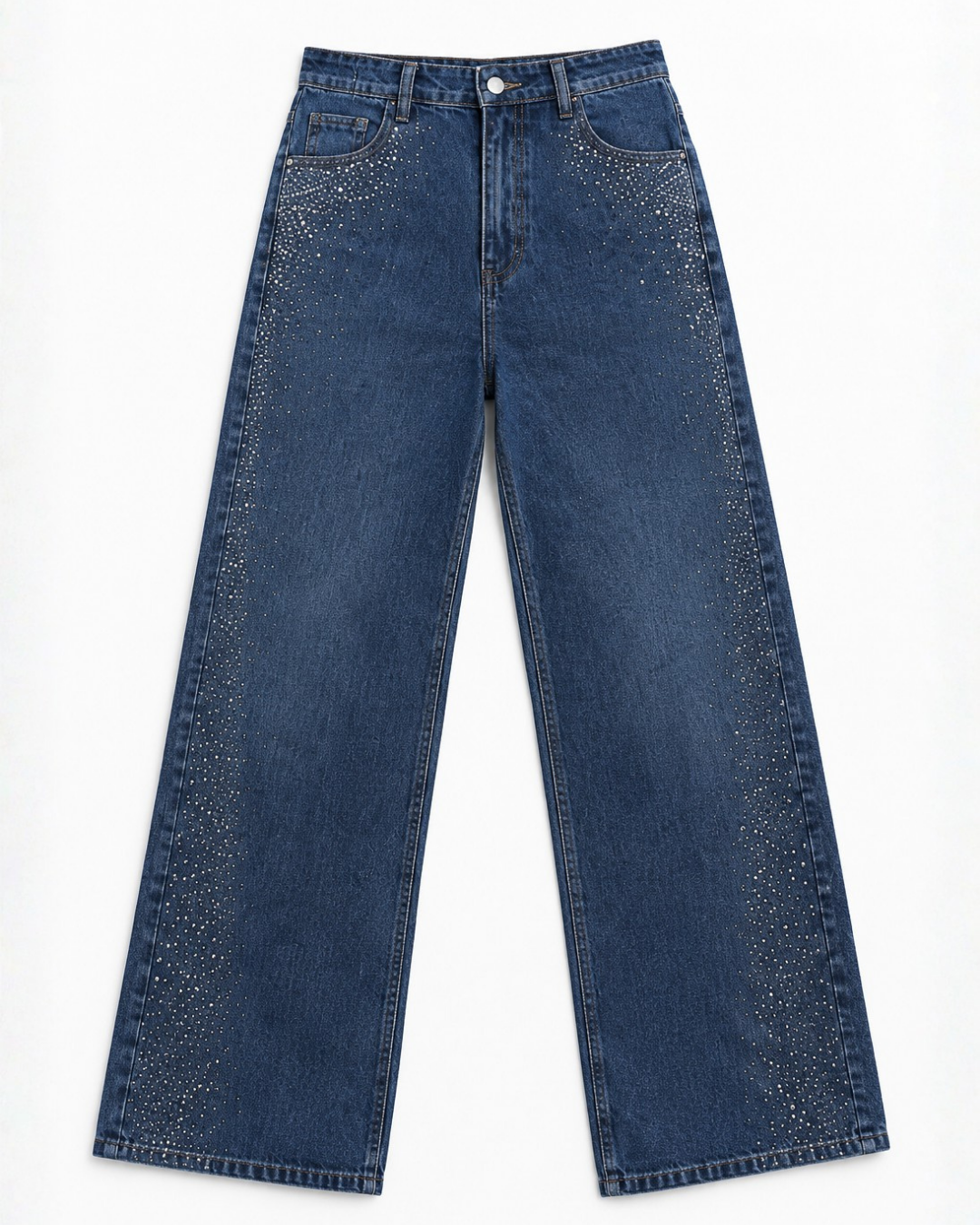 Diamond Mist - Rhinestone Embellished Wide Leg Jeans - Dark Blue
