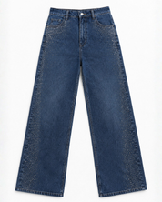 Diamond Mist - Rhinestone Embellished Wide Leg Jeans - Dark Blue