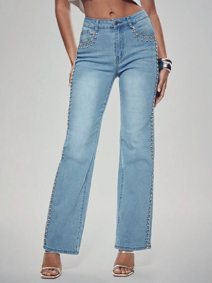Crown Jewel - Rhinestone Embellished Wide Leg Jeans - Ice Blue