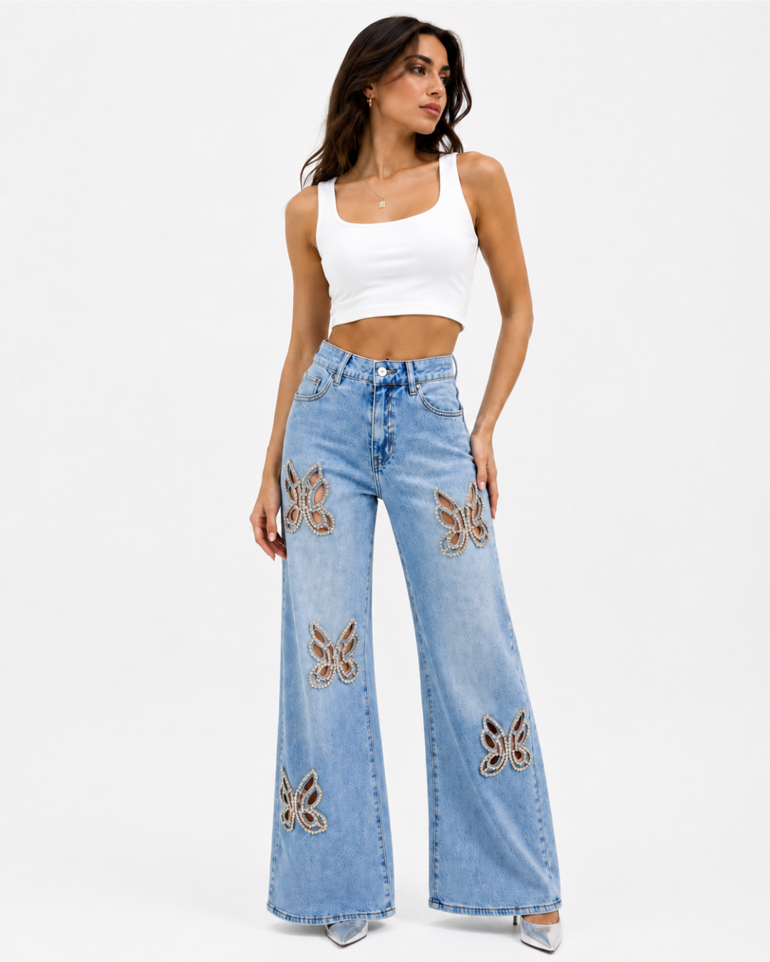Embellished Butterfly Cut Out Jeans - Nyssa - Ice Blue