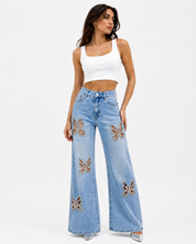 Embellished Butterfly Cut Out Jeans - Nyssa - Ice Blue