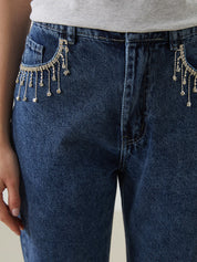Crystal Drip - Rhinestone Embellished Wide Leg Jeans - Ice Blue