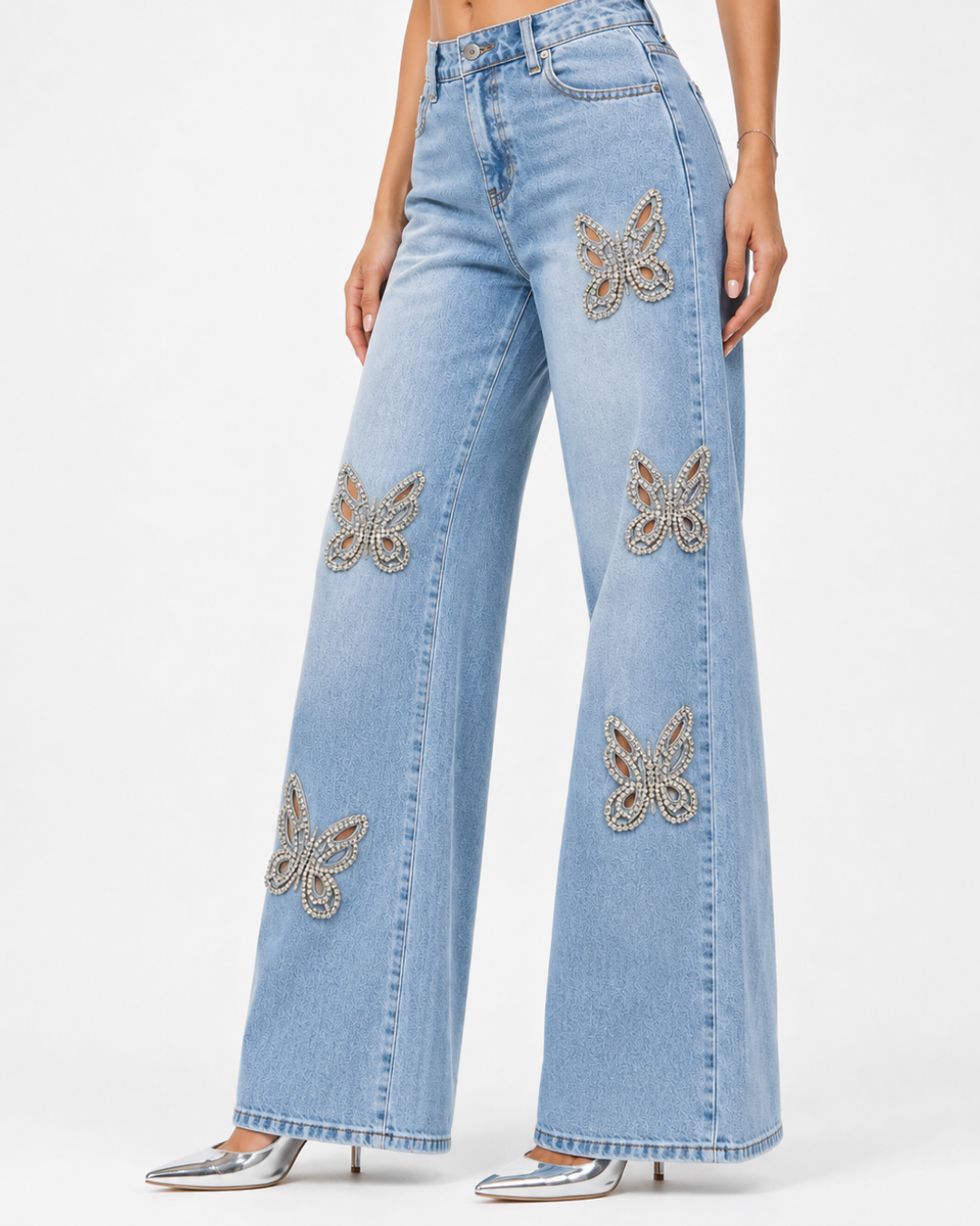 Embellished Butterfly Cut Out Jeans - Nyssa - Ice Blue