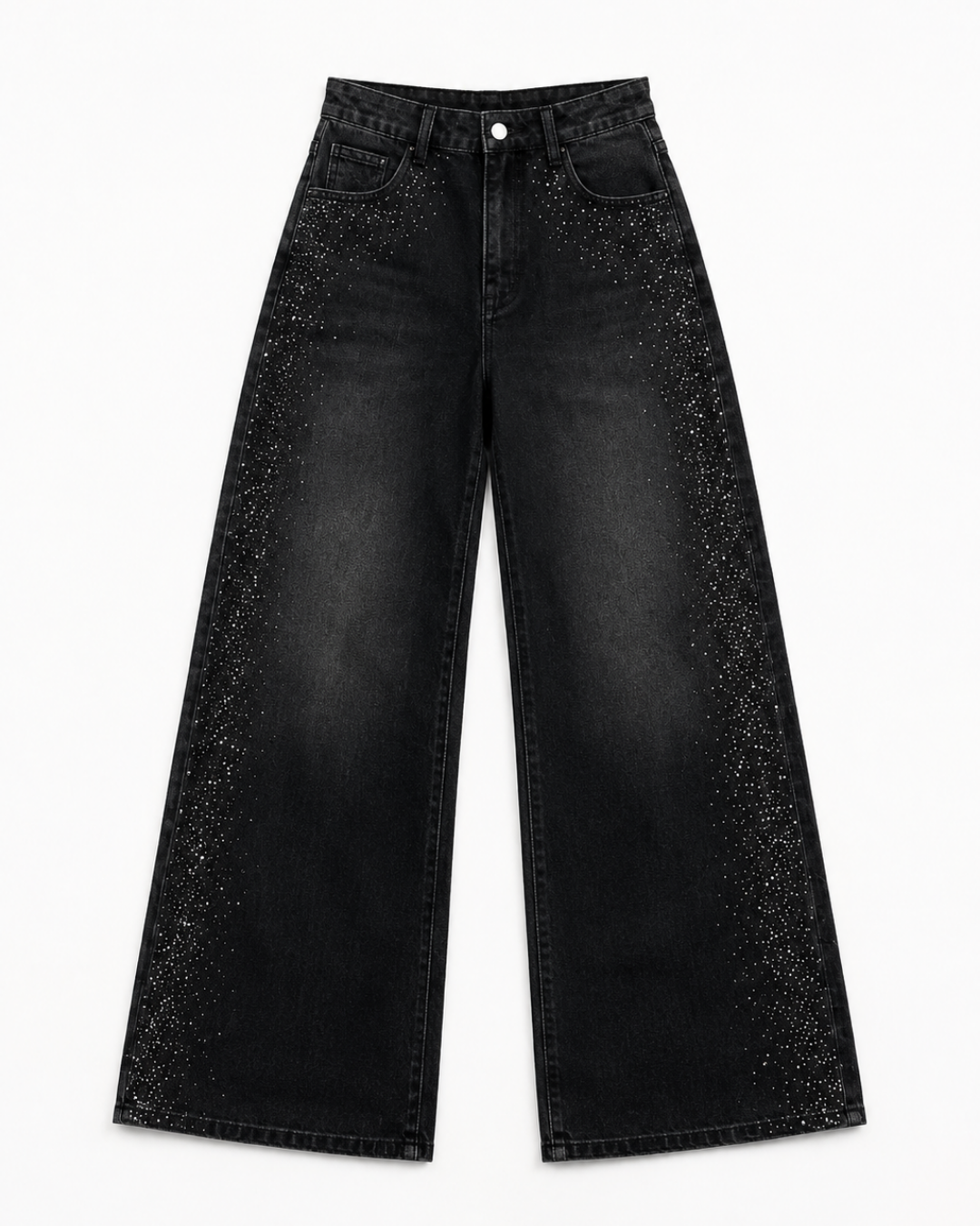 Black Diamond Mist - Rhinestone Embellished Wide Leg Jeans - Black