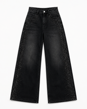 Black Diamond Mist - Rhinestone Embellished Wide Leg Jeans - Black