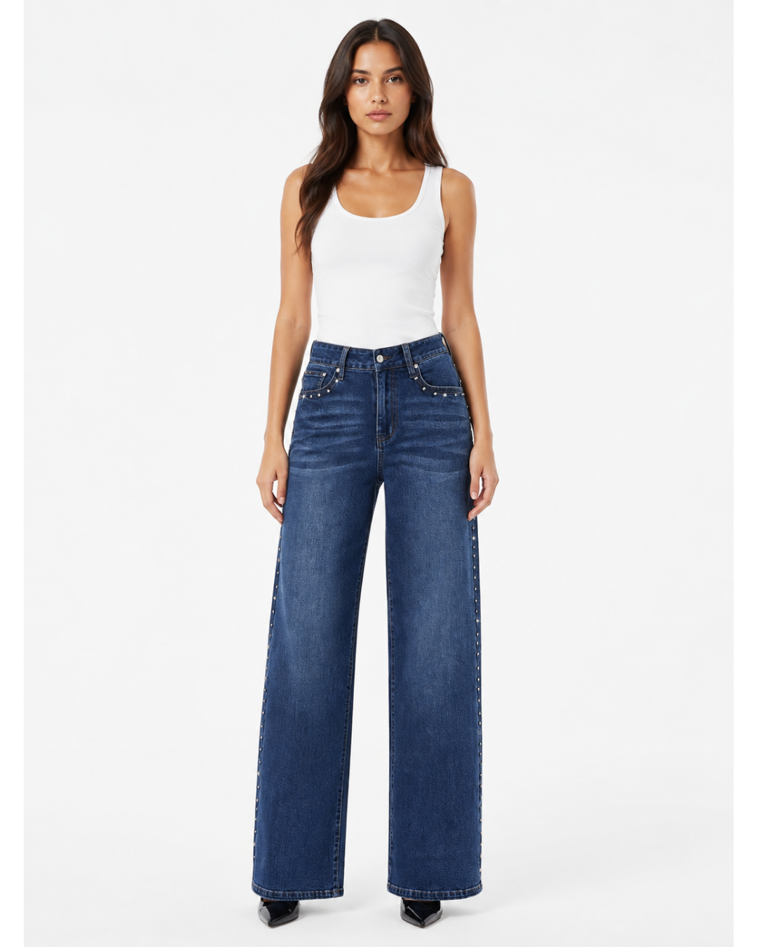 Starline - Rhinestone Embellished Wide Leg Jeans - Dark Blue