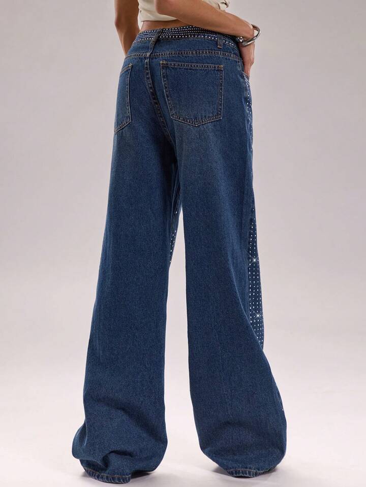 Hailey - Rhinestone Embellished Wide Leg Jeans - Dark Blue
