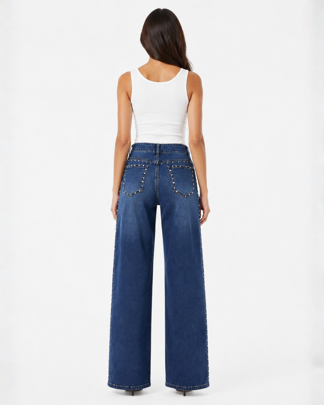 Starline - Rhinestone Embellished Wide Leg Jeans - Dark Blue