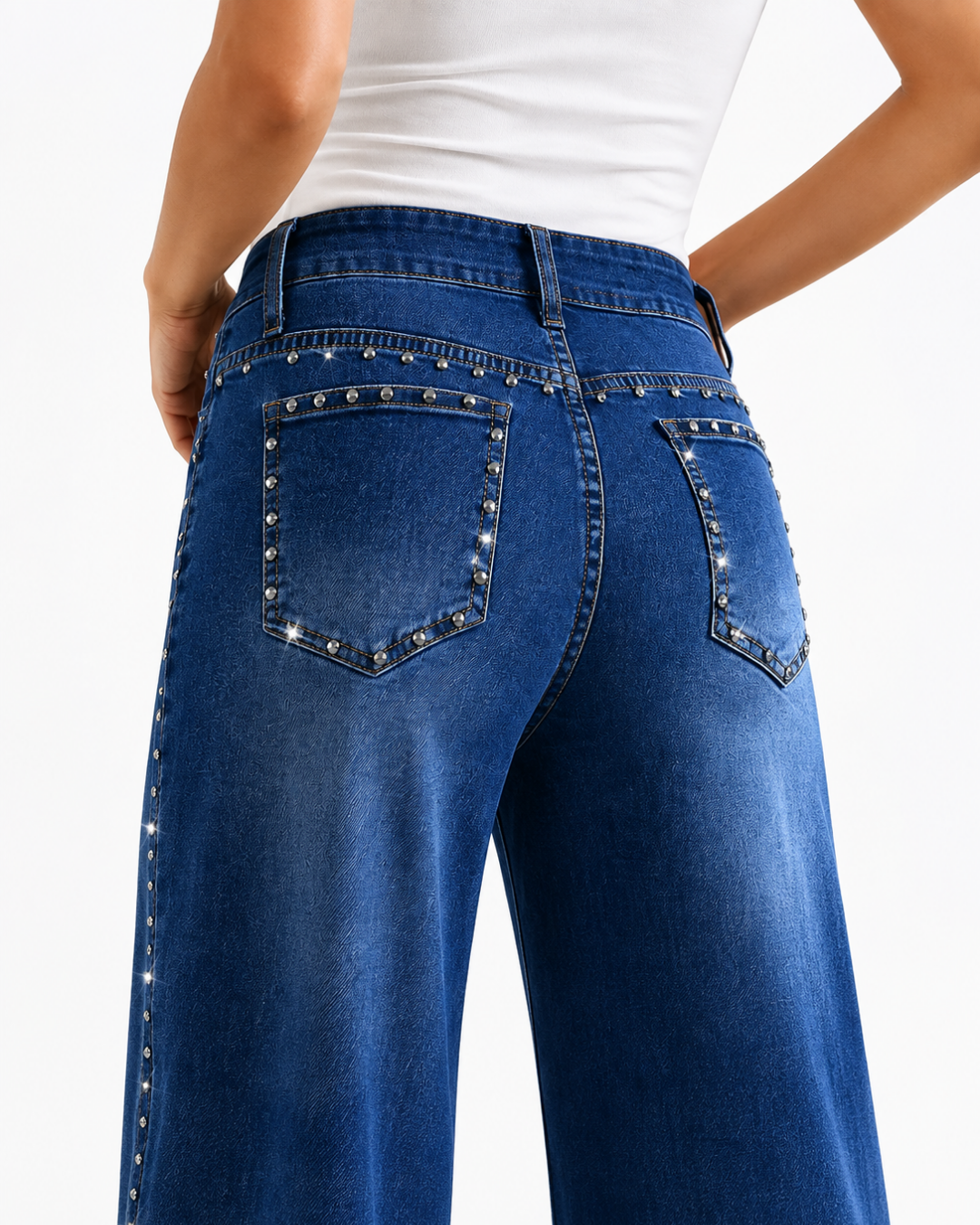 Starline - Rhinestone Embellished Wide Leg Jeans - Dark Blue