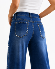 Starline - Rhinestone Embellished Wide Leg Jeans - Dark Blue