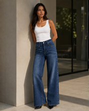 Starline - Rhinestone Embellished Wide Leg Jeans - Dark Blue