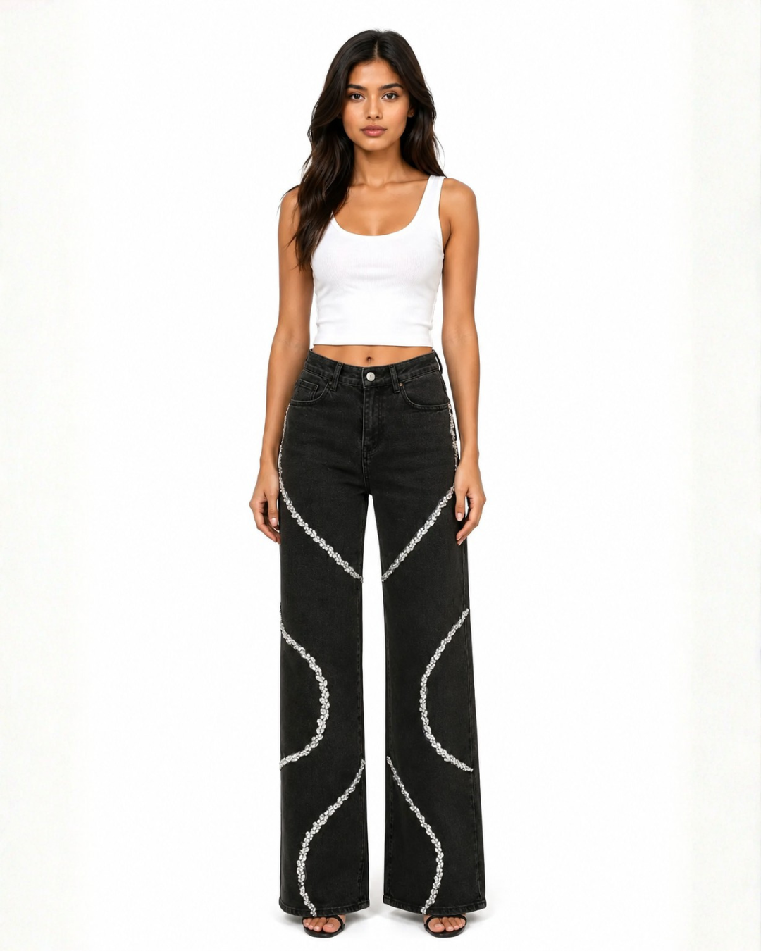 Luna - High Rise Rhinestone Embellished Wide Leg Flared Jeans - Black