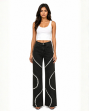 Luna - High Rise Rhinestone Embellished Wide Leg Flared Jeans - Black