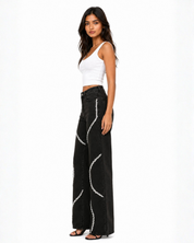 Luna - High Rise Rhinestone Embellished Wide Leg Flared Jeans - Black