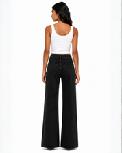Luna - High Rise Rhinestone Embellished Wide Leg Flared Jeans - Black
