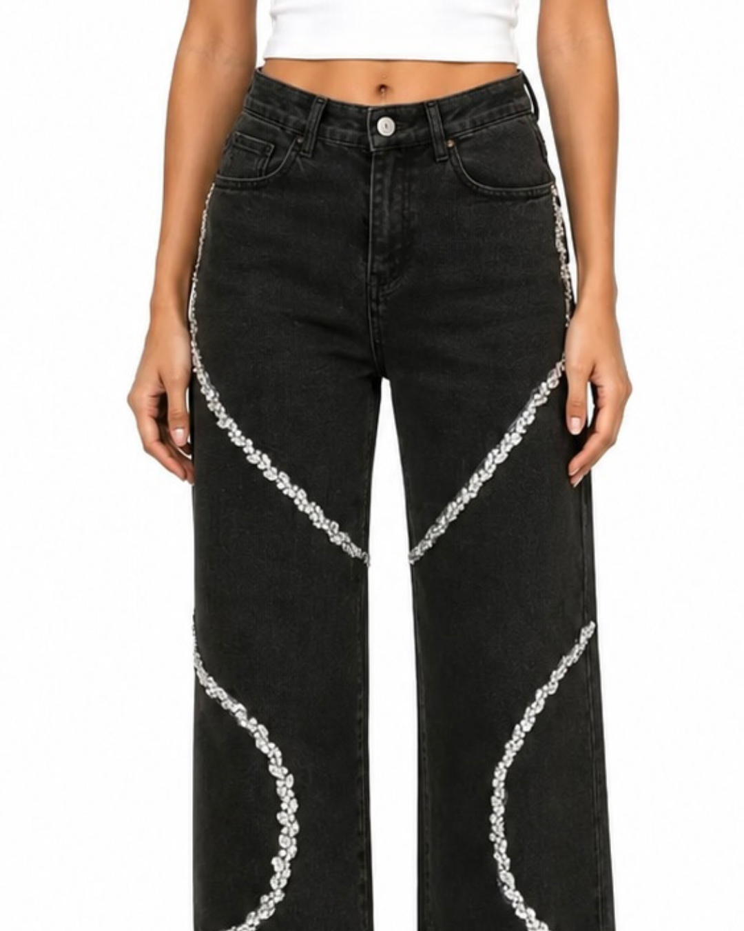 Luna - High Rise Rhinestone Embellished Wide Leg Flared Jeans - Black