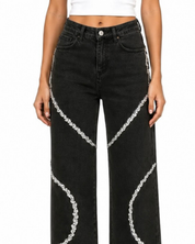 Luna - High Rise Rhinestone Embellished Wide Leg Flared Jeans - Black