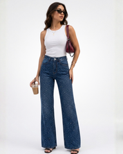 Midnight Blue Diamante Denim High Rise Wide Leg Jeans - Dark Blue