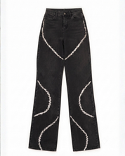 Luna - High Rise Rhinestone Embellished Wide Leg Flared Jeans - Black