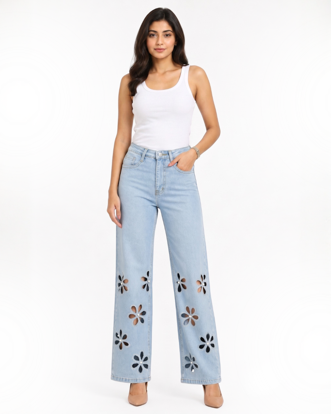 Aster - Rhinestone Embellished Cut Out Jeans - Ice Blue