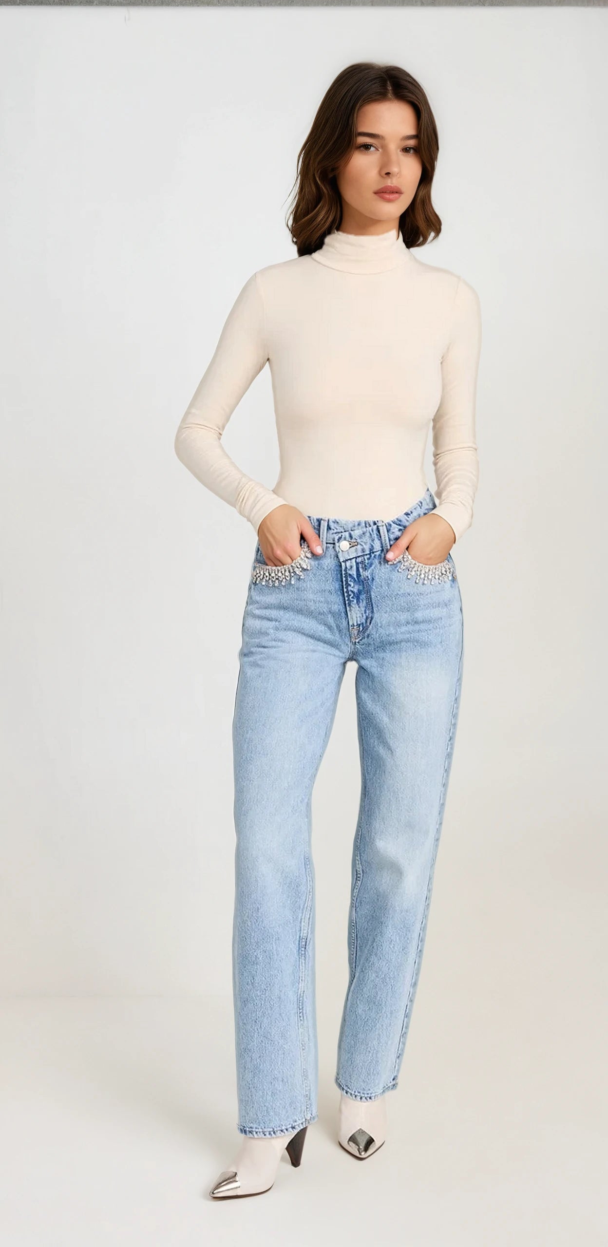 Diva - Rhinestone Embellished Wide Leg Jeans