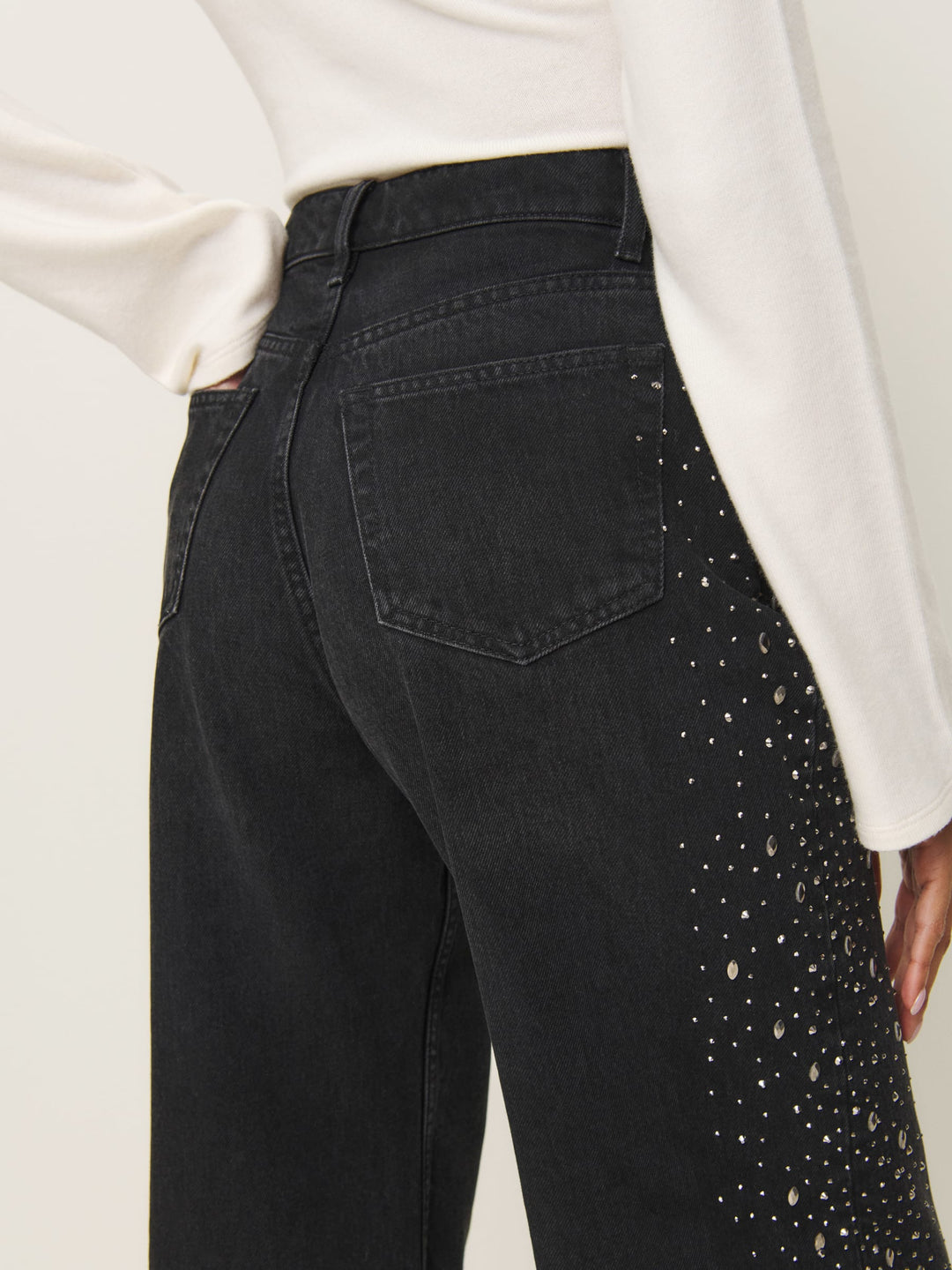 Celeste Noir - High Rise Rhinestone Embellished Wide Leg Flared Jeans