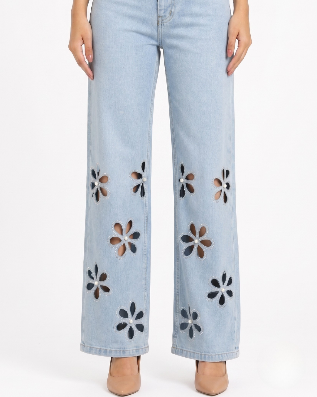 Aster - Rhinestone Embellished Cut Out Jeans - Ice Blue