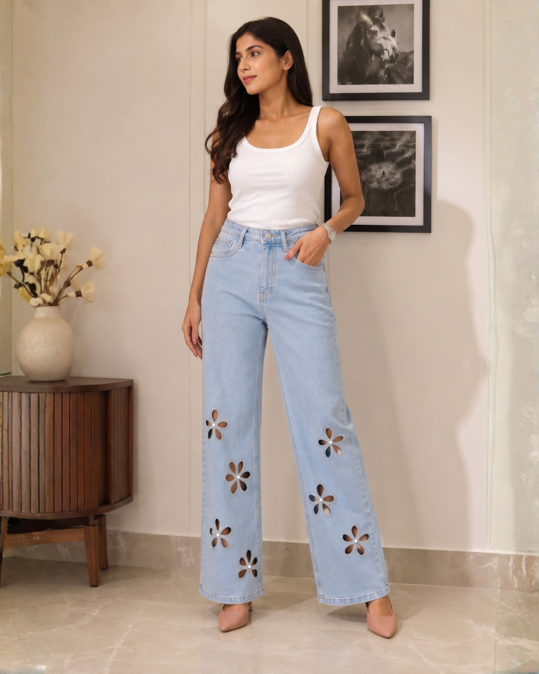 Aster - Rhinestone Embellished Cut Out Jeans - Ice Blue