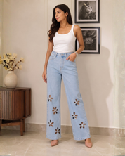 Aster - Rhinestone Embellished Cut Out Jeans - Ice Blue