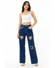 Eros - Rhinestone Embellished Cut Out Jeans - Dark Blue